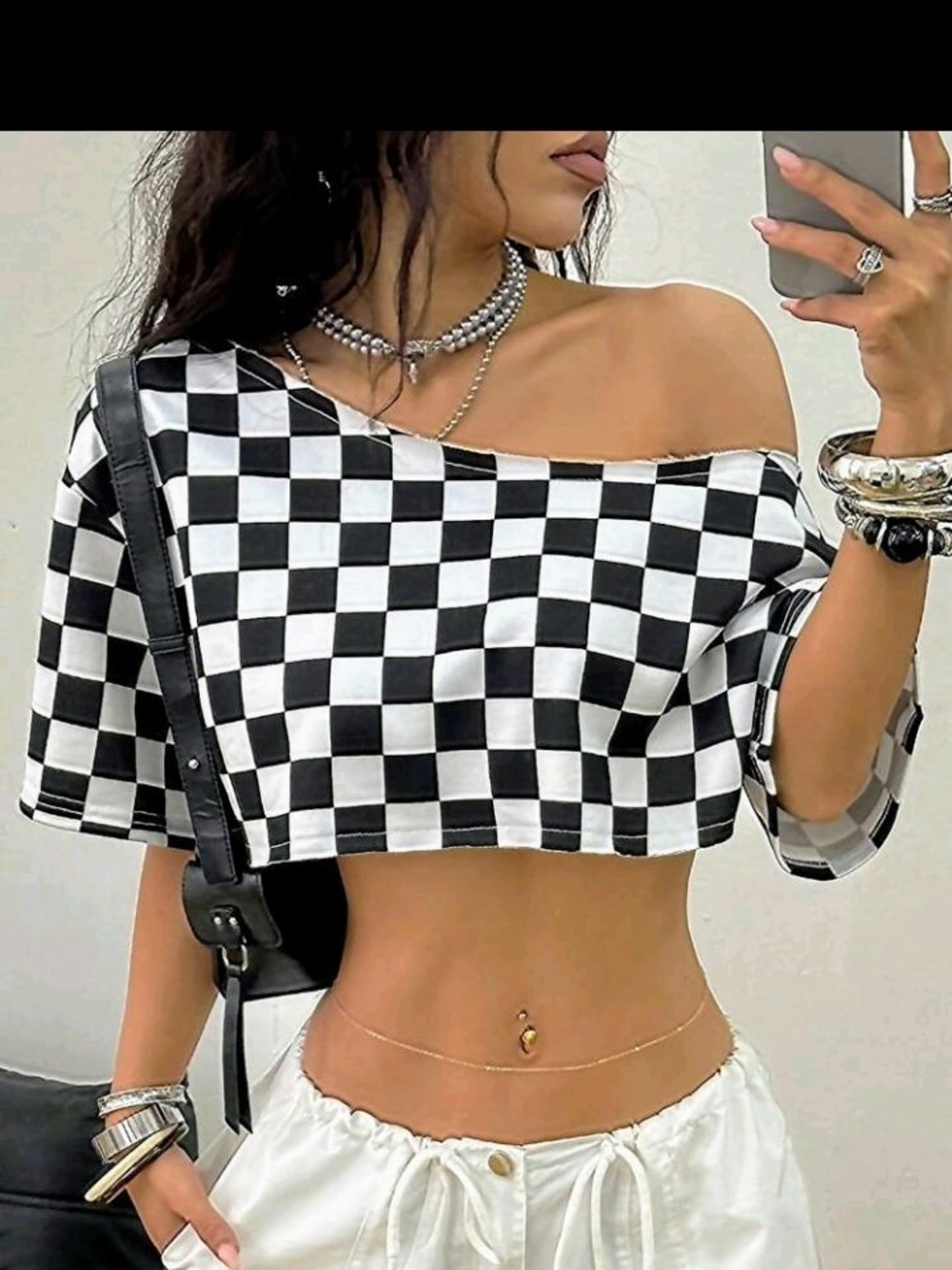 Checkerboard Off-Shoulder Crop Top - Black & White